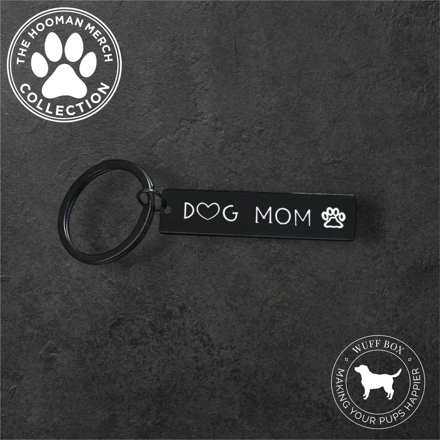 Black “Dog Mom” Engraved Keychain