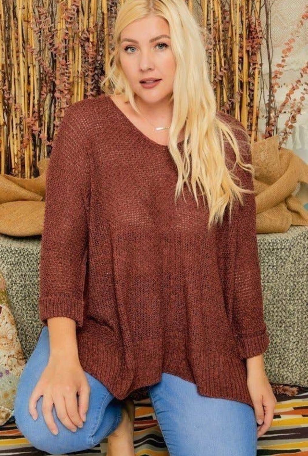 Plus Size Loose Fit Basic Sweater, Color: Burgundy, Size: 1X/2X