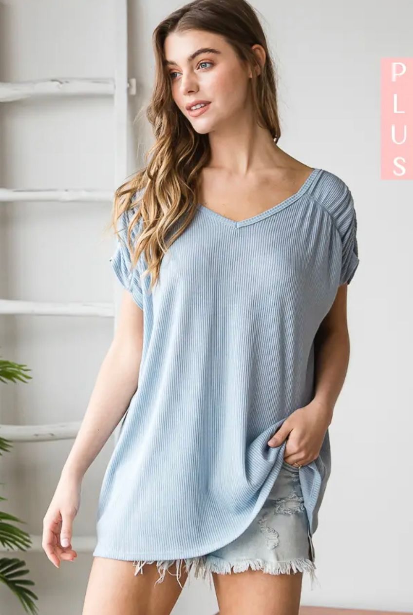 Plus Size Ribbed Knit Scrunched Sleeve Tie Back Top, Color: Blue, Size: 1XL