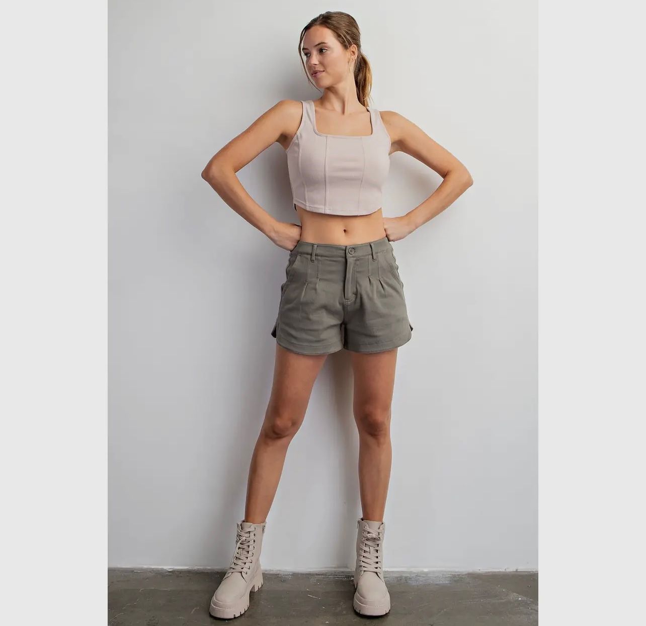 Pleated Twill Stretch Shorts, Color: Dusty Olive, Size: S
