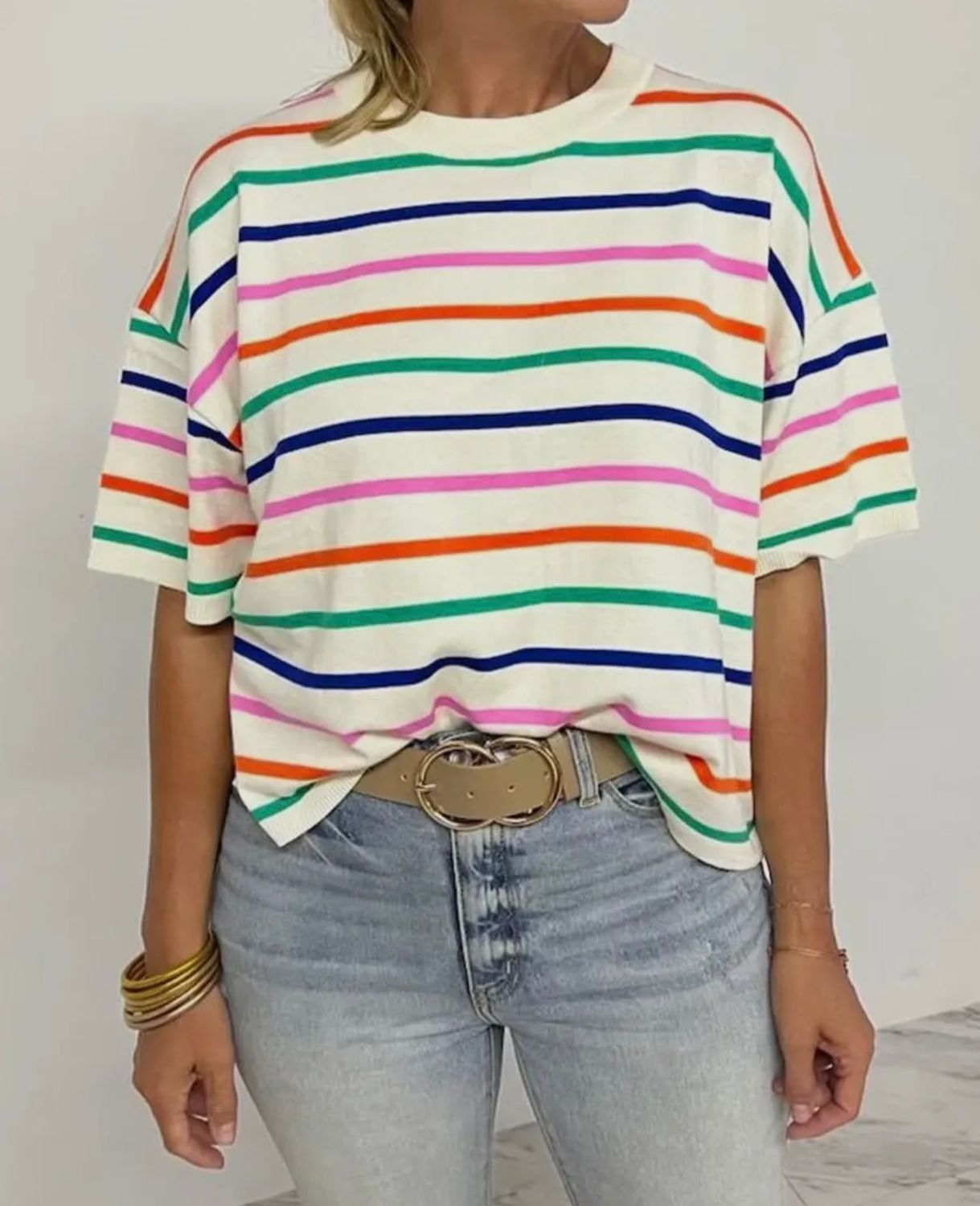 Stripe Short Sleeve Boxy Sweater Top, Color: Beige, Size: S