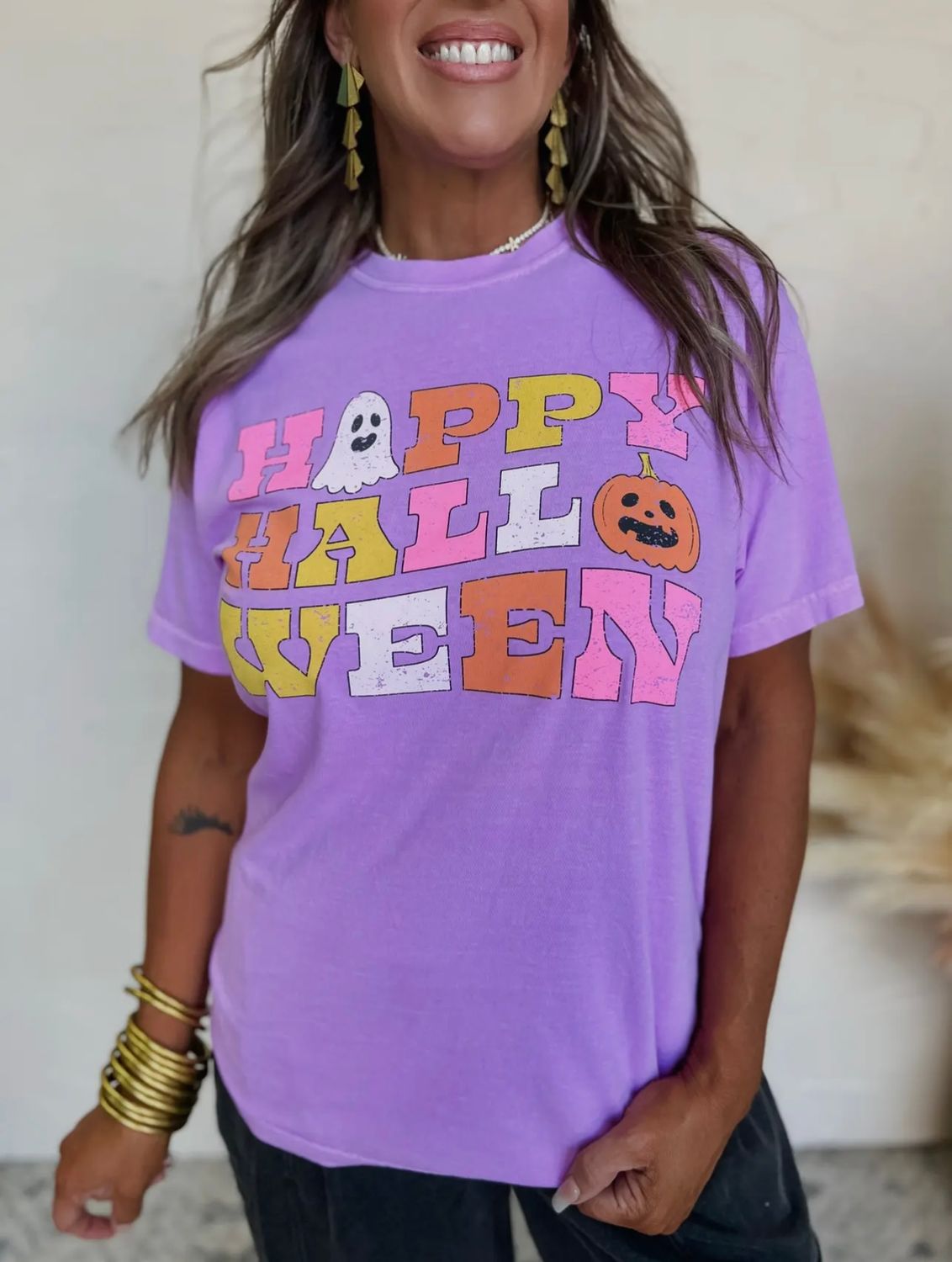 &quot;Happy Halloween Comfort&quot; Color Graphic Tee, Color: Purple, Size: S