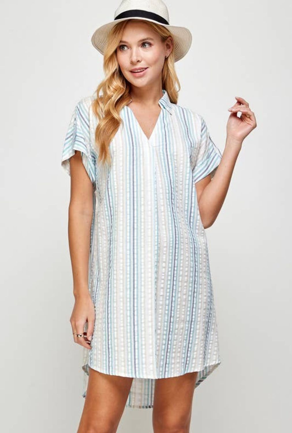 Seersucker Curve Hem Striped Dress, Color: Blue, Size: S