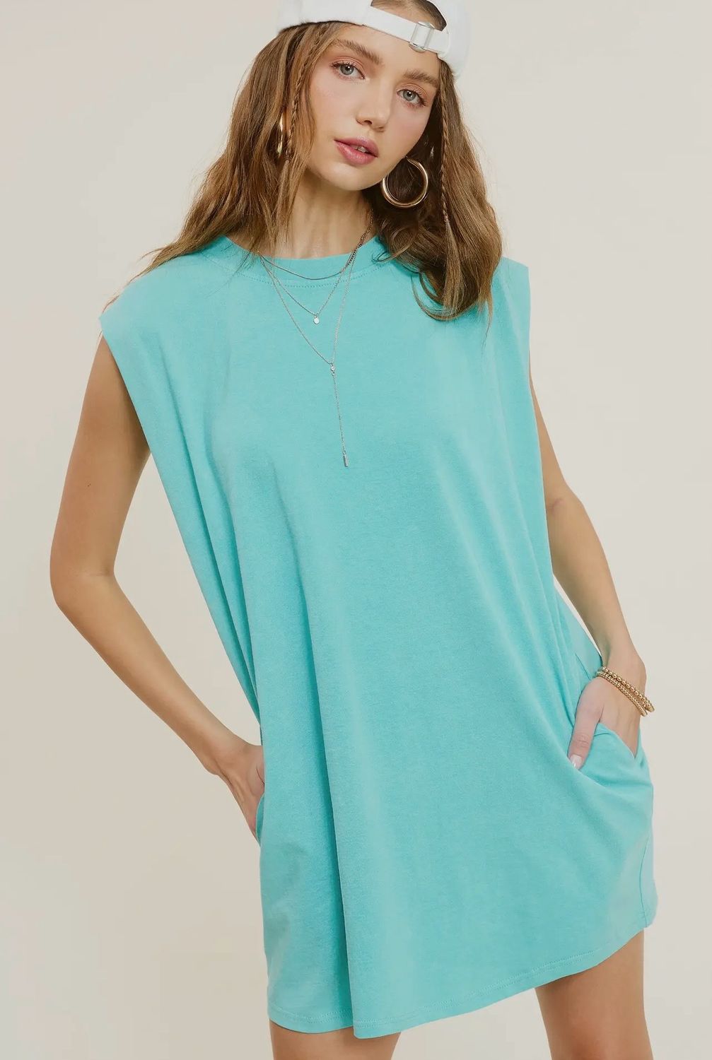 Mineral Washed Sleeveless Side Pocket T-Shirt Dress, Color: Aqua, Size: S