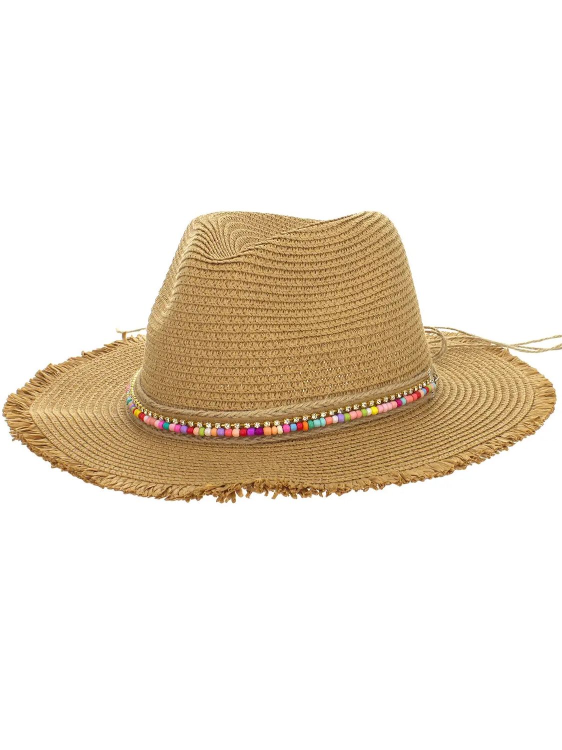Multi Beaded Straw Sun Hat, Color: Khaki, Size: OS