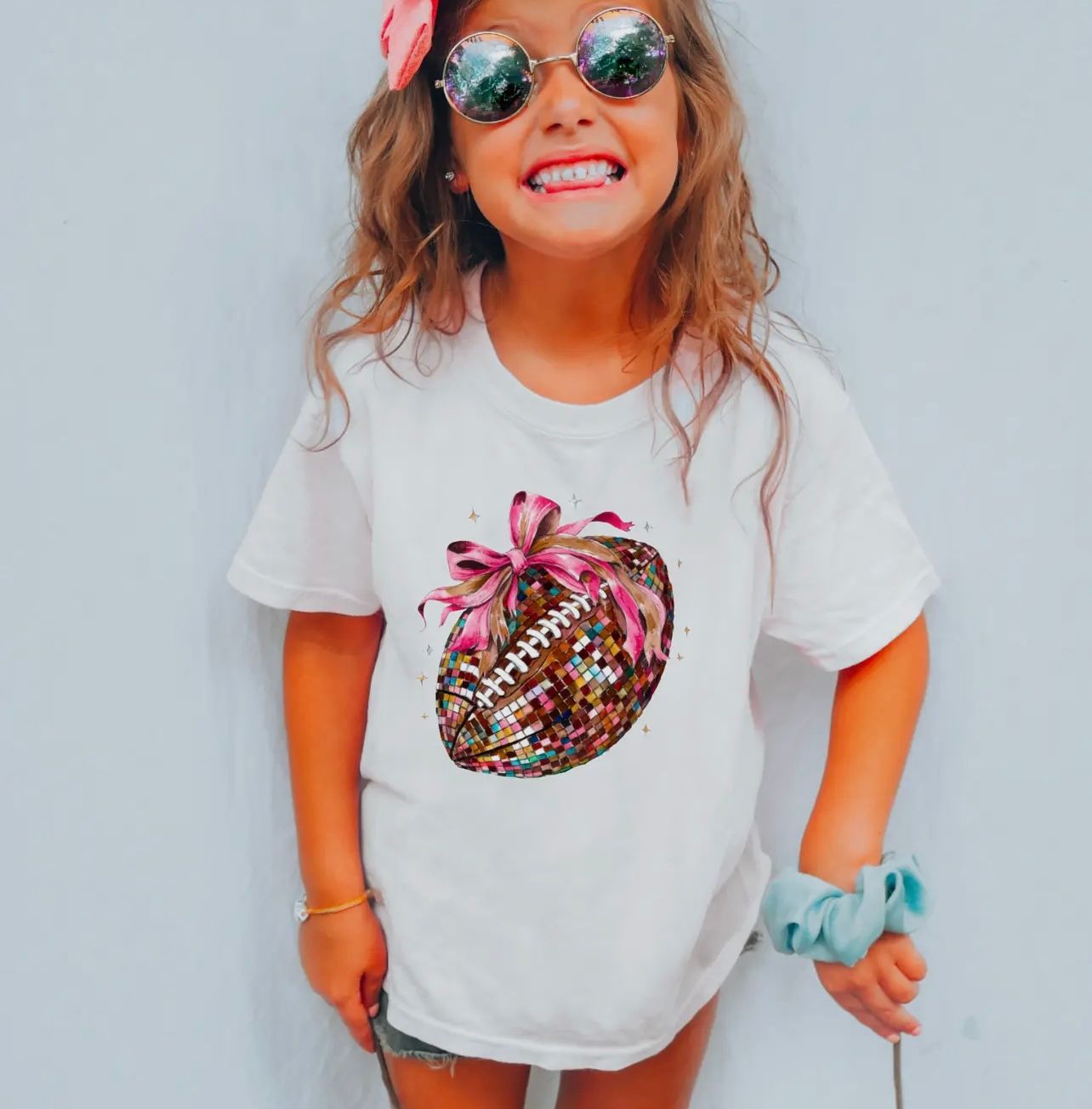 Youth Disco Coquette Football Graphic Tee Kids, Color: White, Size: YXS
