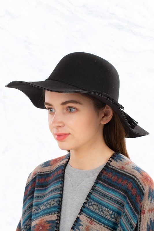 Wide Brim Felt Hat with Polka-dot Trim, Color: Black