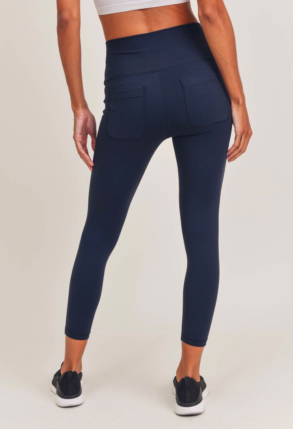 Tapered Band Solid Cropped Leggings with Back Pockets, Color: Dark Navy, Size: S