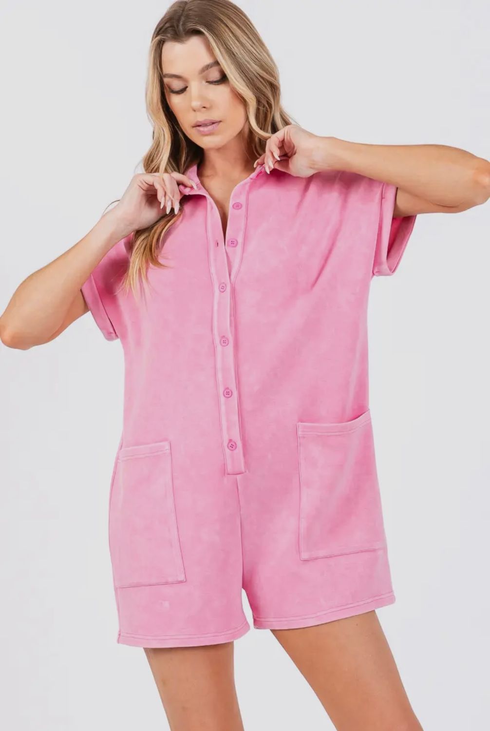 Mineral Washed Super Soft Overall Romper, Color: Bubblegum Pink, Size: S