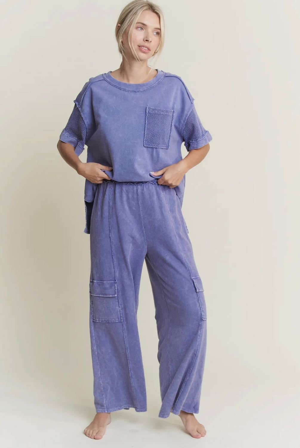 Terry Mineral Wash Mesh Pocket Sleeve Top , Color: Violet, Size: S