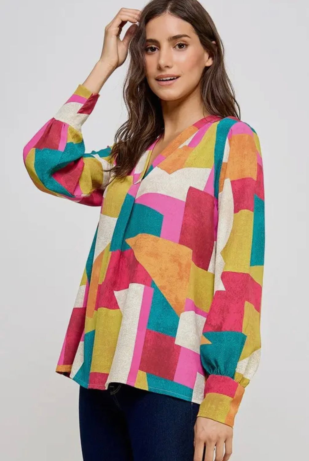 Abstract Print V-Neck Cuff Sleeve Blouse, Color: Ruby Multi, Size: S