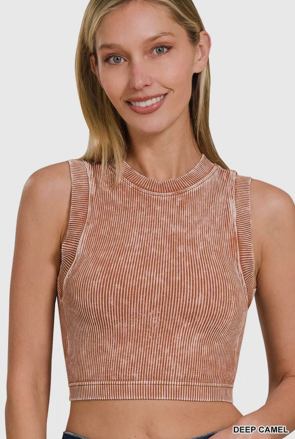 Stone Washed Ribbed Padded Crop Top , Color: Deep Camel, Size: S/M