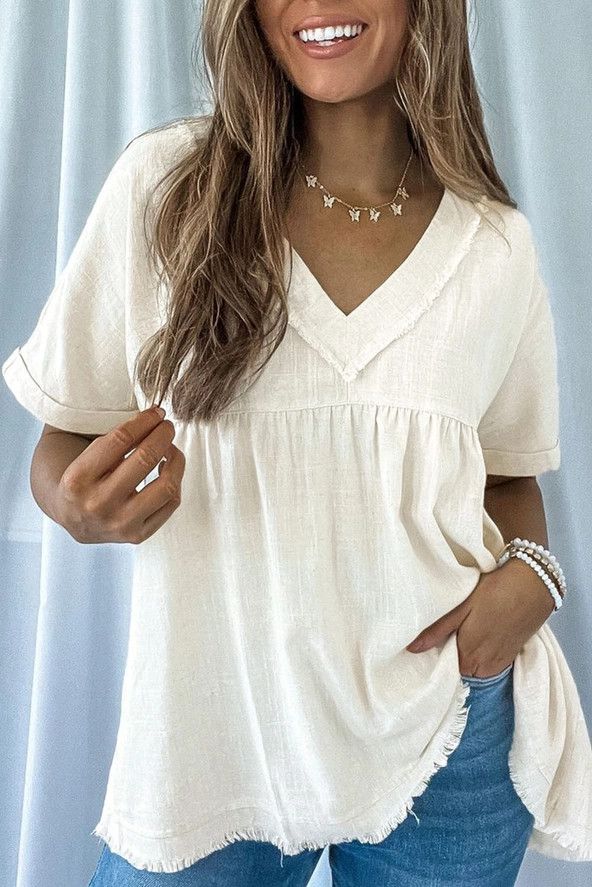Frayed V Neck Ruffled Babydoll Blouse