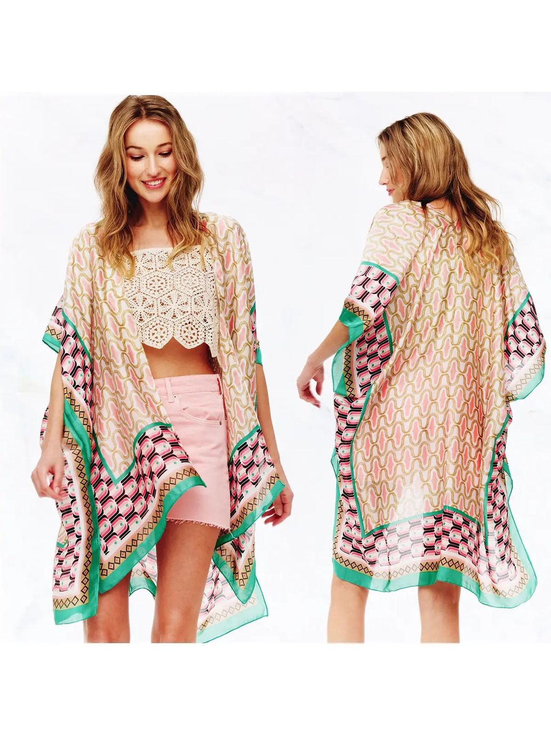 Silky Multi Boho Print Kimono, Color: Beige Green, Size: OS