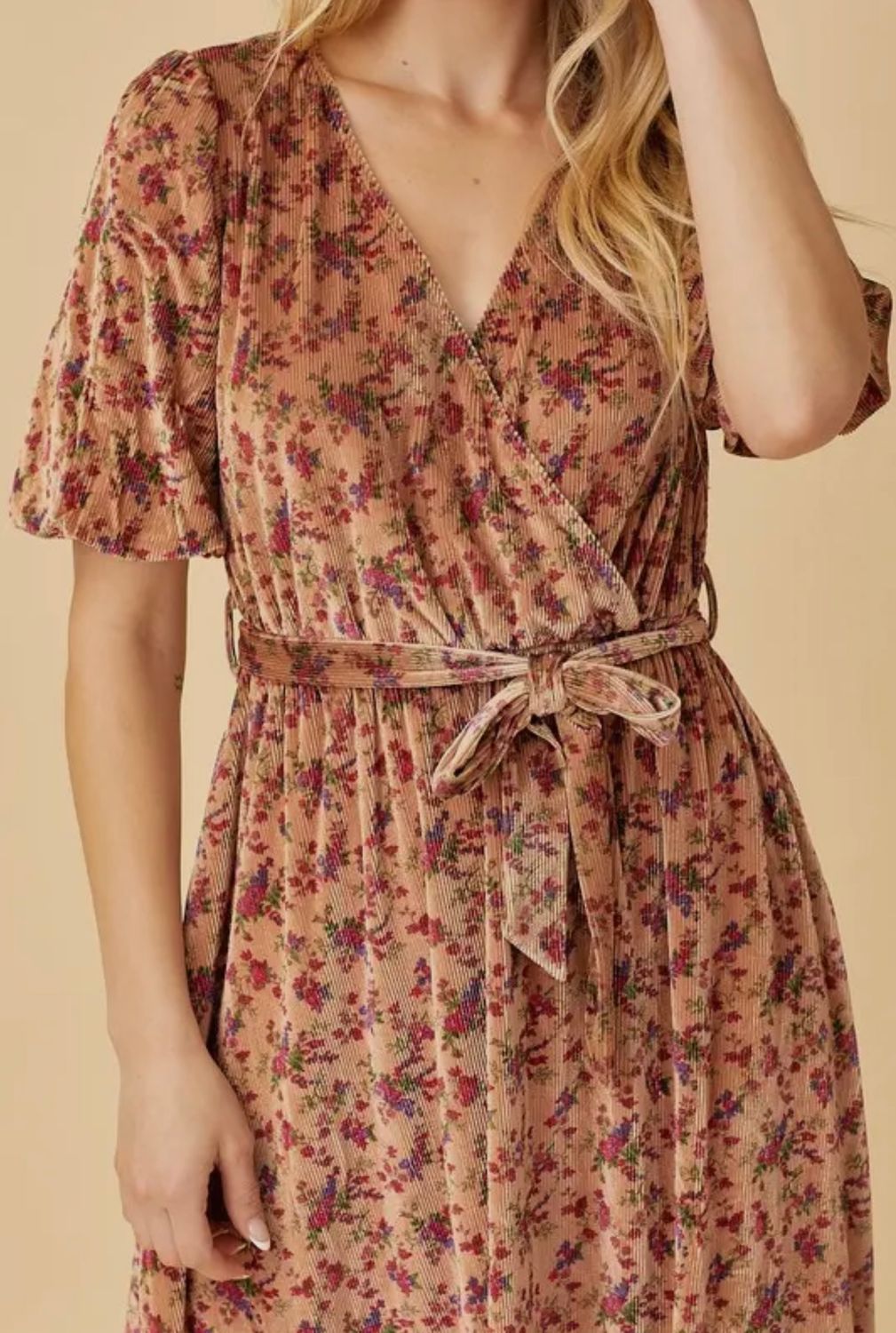 Velvet Ribbed Floral Surplice Midi Dress, Color: Camel, Size: S