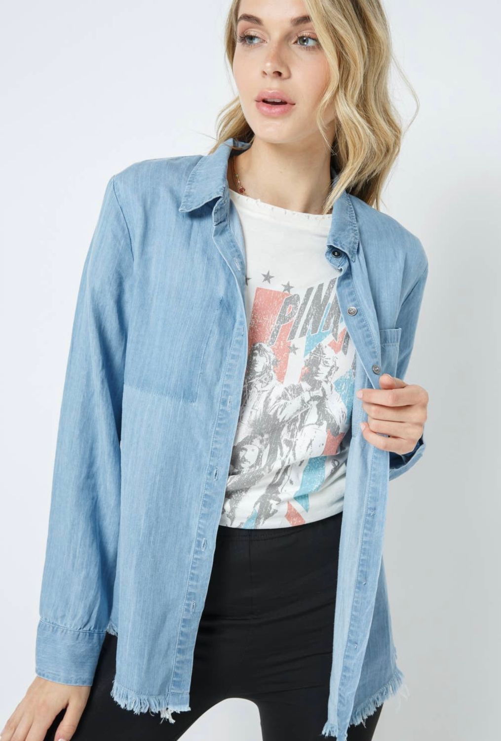 Tencel Chambray Frayed Button Down Shirt, Color: Blue, Size: S