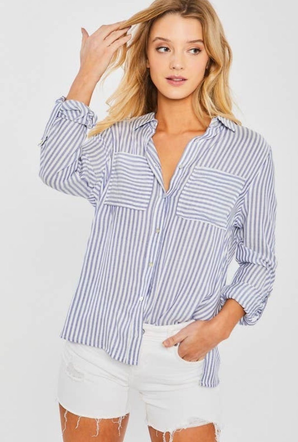 Lightweight Striped Pocket Button Down Shirt , Color: Blue, Size: S