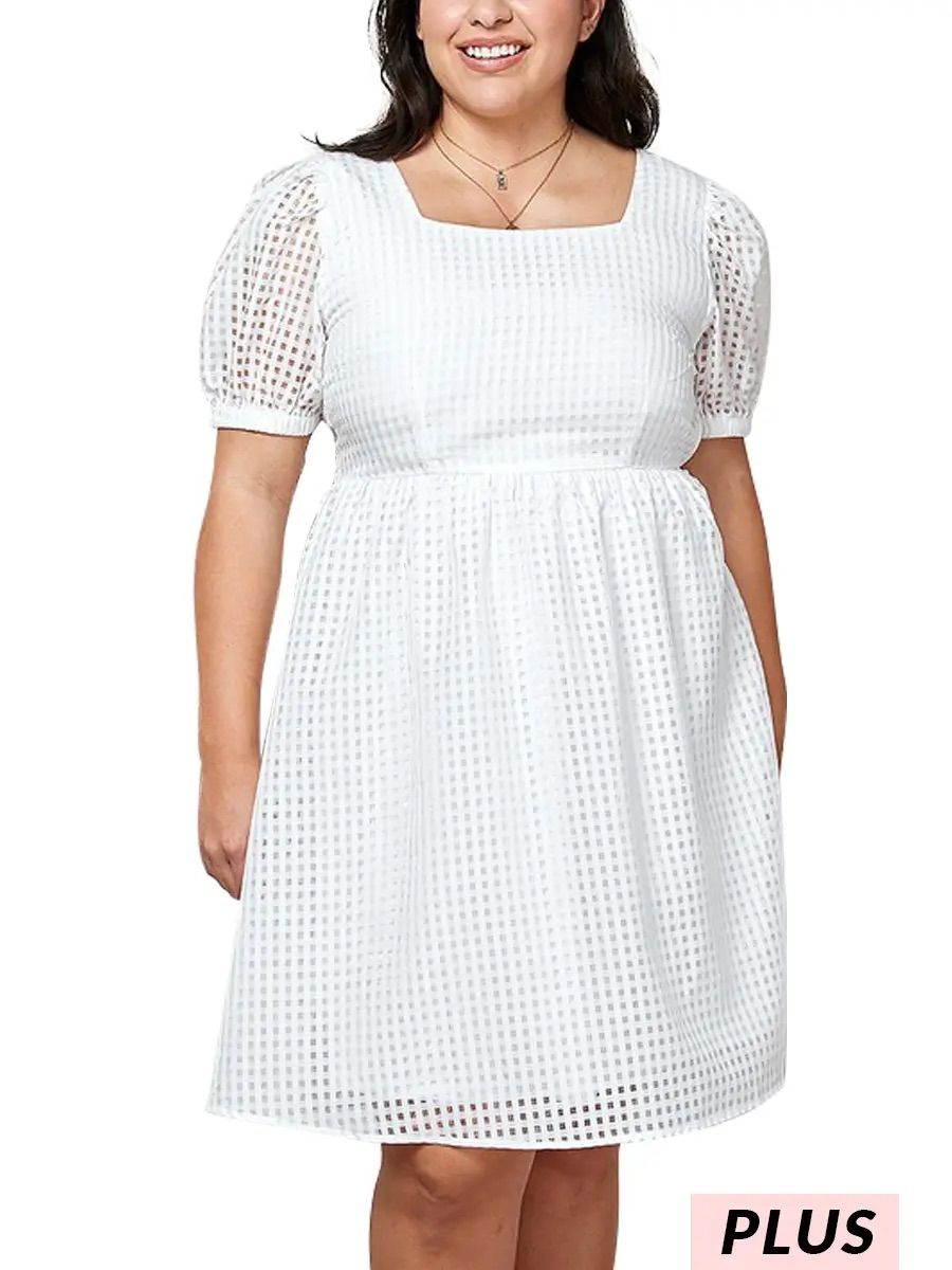 Plus Size Puff Sleeve Gingham Dress, Color: White, Size: 1XL
