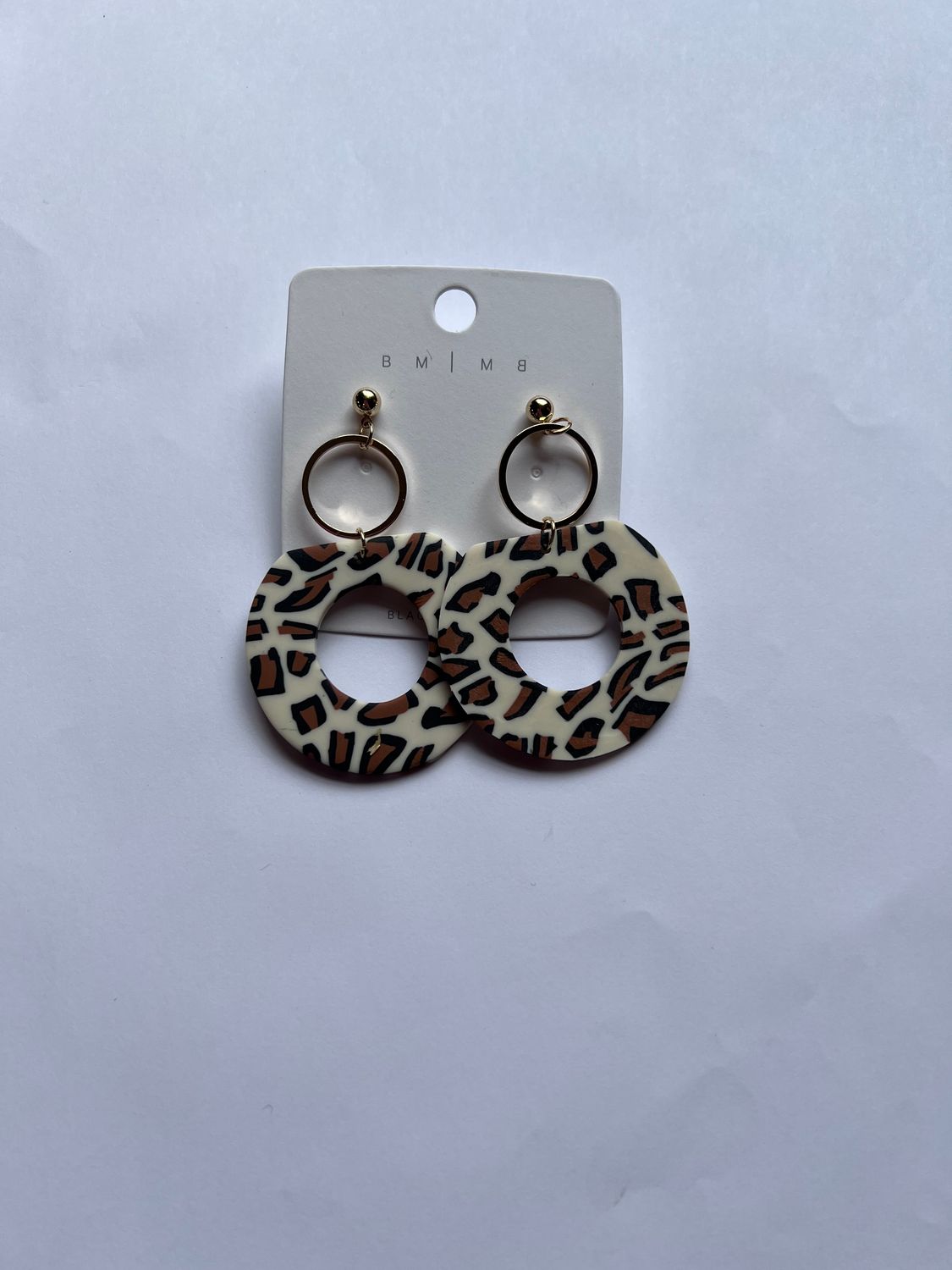 Polymer Clay Earrings, Color: White/Brown Cheetah Hollow Circle