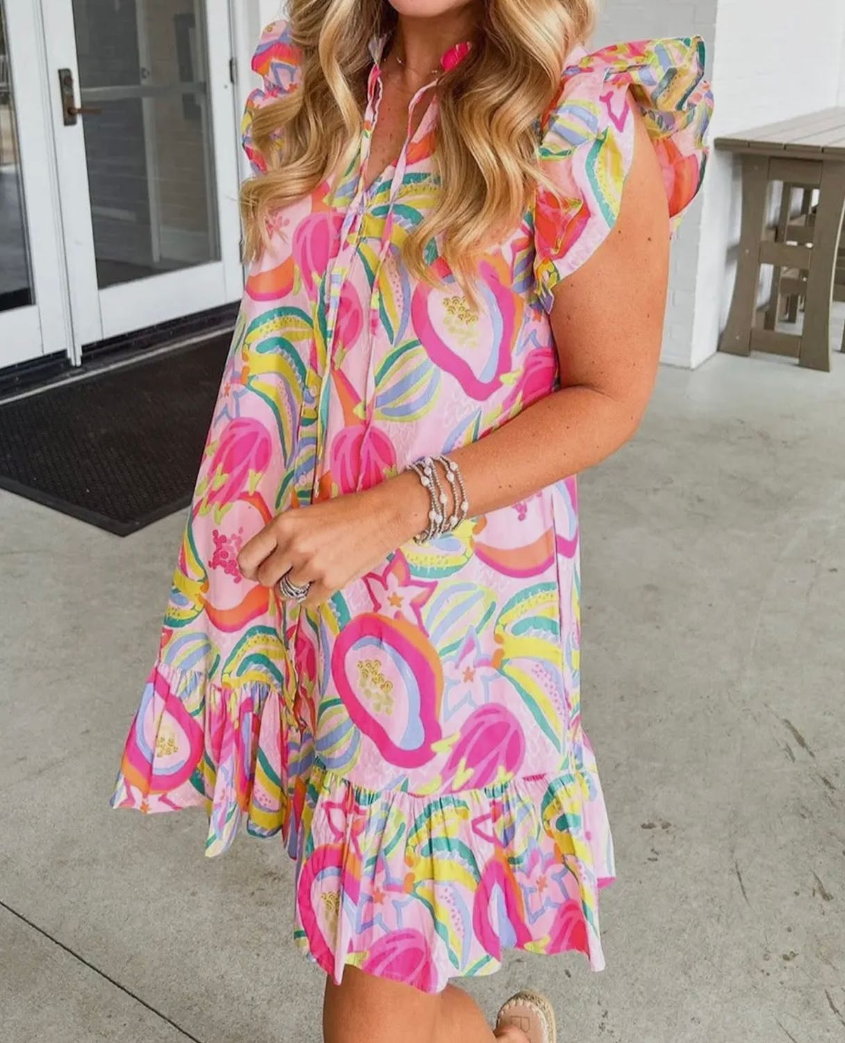 Floral Ruffle Flutter Sleeve Dress, Color: Pink, Size: S