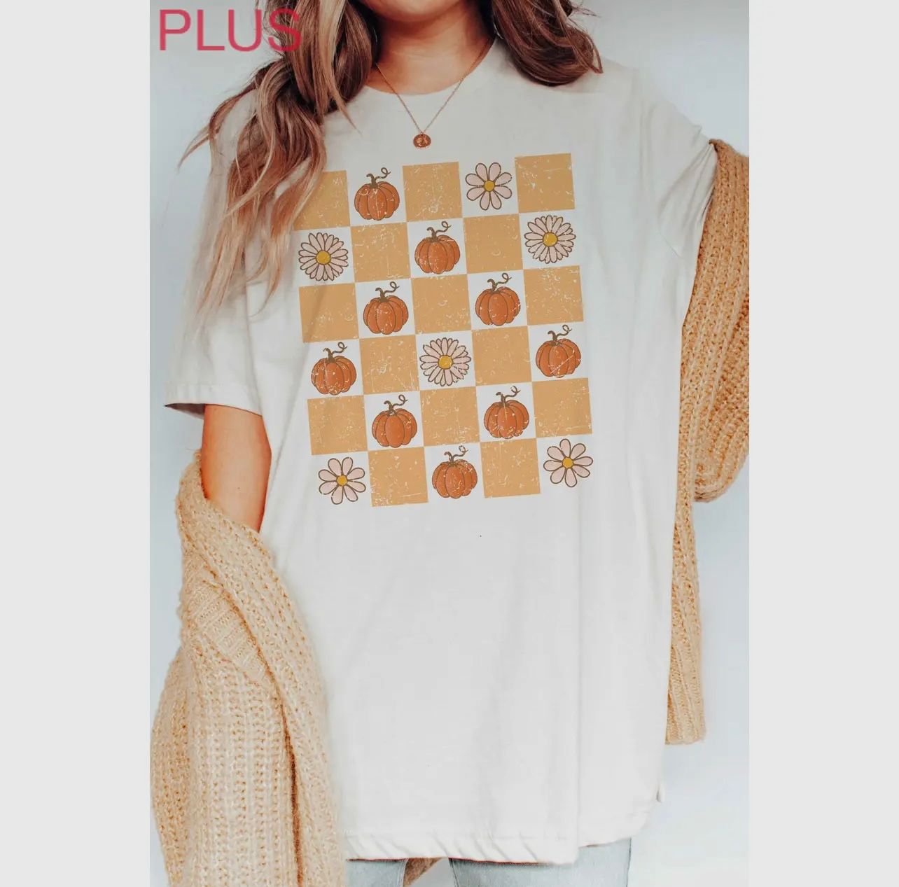 Plus Checkered Pumpkins/Daisies Graphic Tee, Color: Ivory, Size: XL