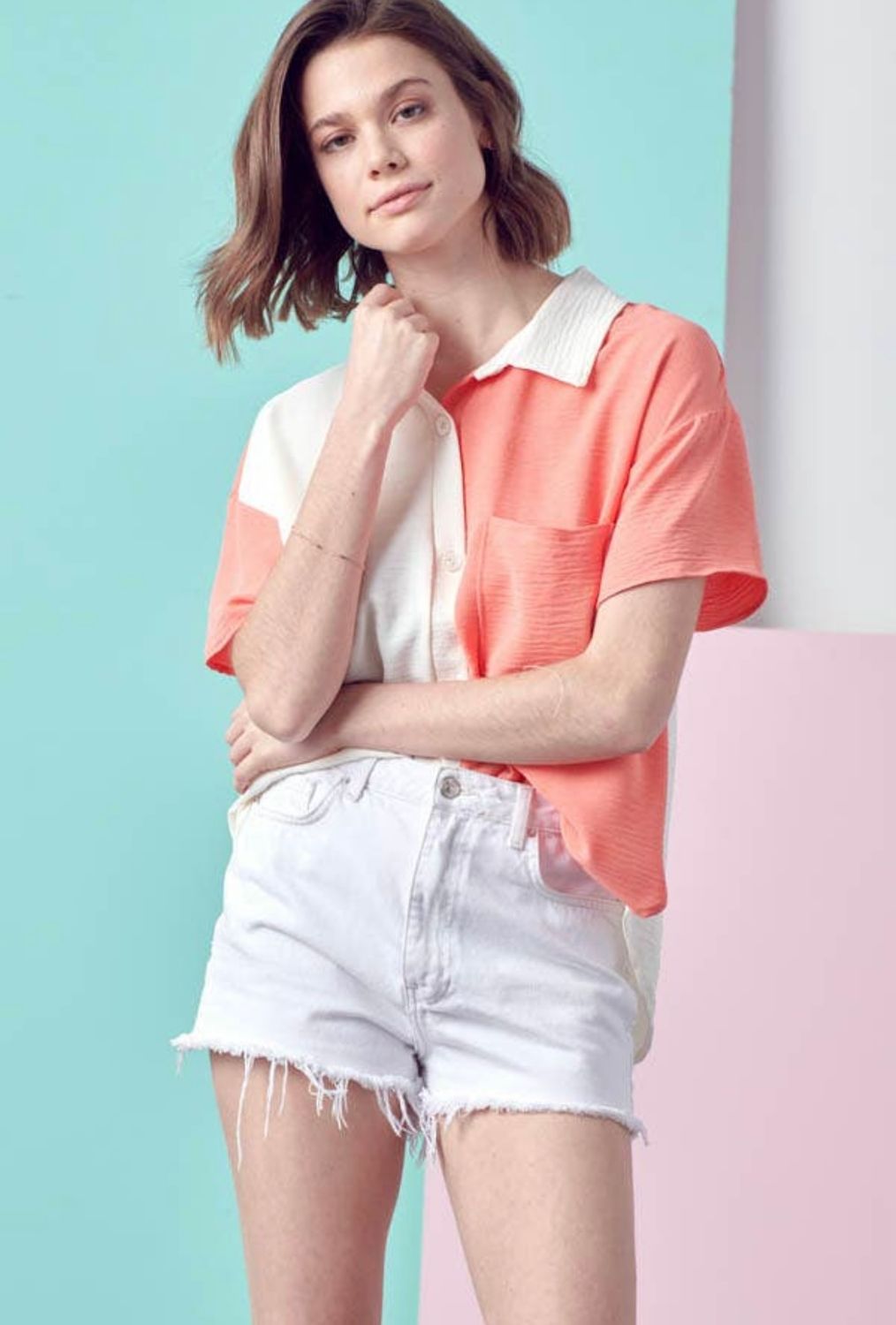 Woven Airflow Color Block Button Down Top, Color: Coral, Size: S