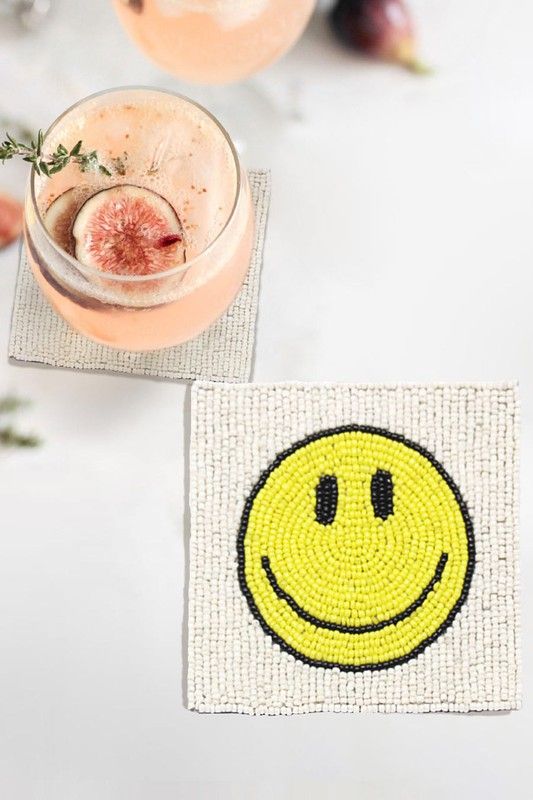 Seed Bead Smiley Face Coaster, Color: Ivory, Size: OS