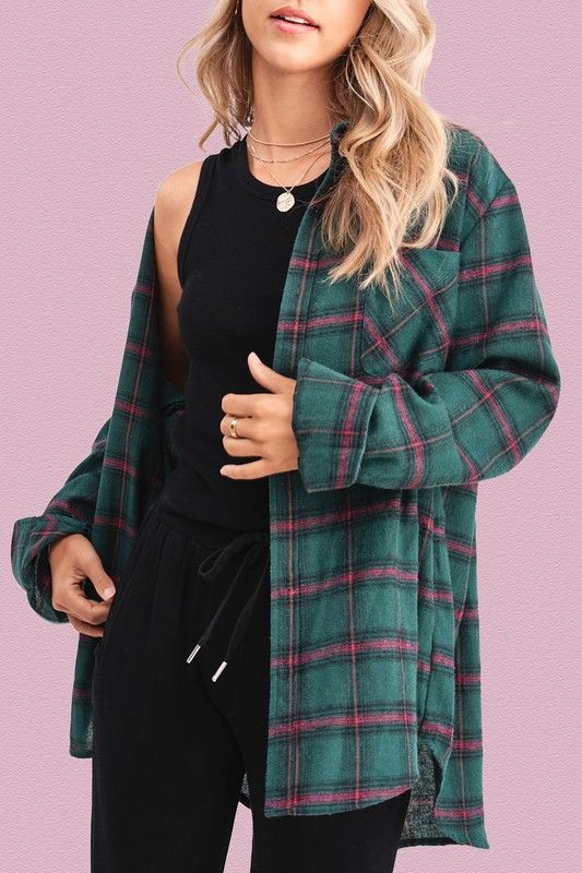 Oversized Flannel Plaid Button Down Shirt, Color: Green, Size: S