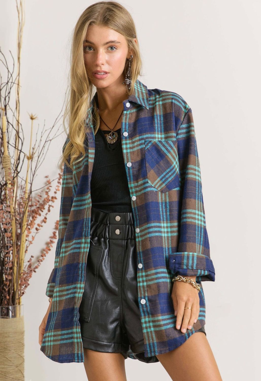 Plaid Flannel Button Down Shirt, Color: Blue, Size: S