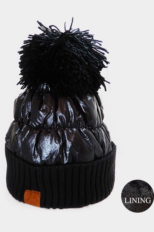 Metallic Puffer Pom Pom Beanie, Color: Black, Size: OS