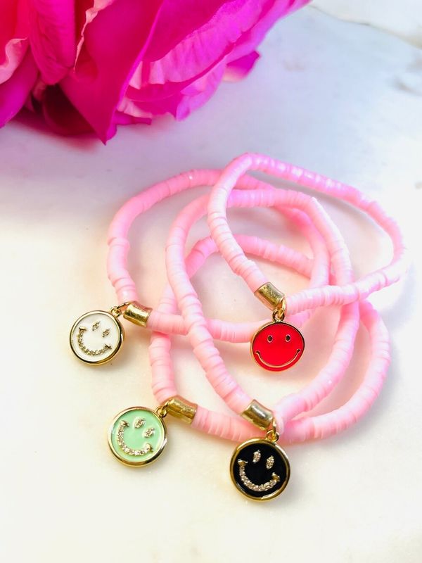 Pink &amp; Gold Clay Bead Smiley Bracelets