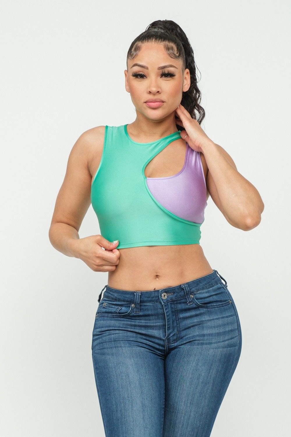 Shiny Pastel Color Block Cutout Crop Tank