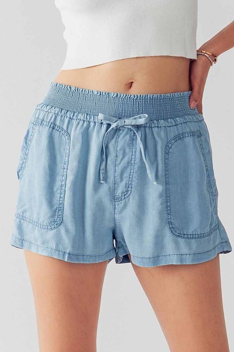 Tencel Denim Smocked Waist Drawstring Shorts