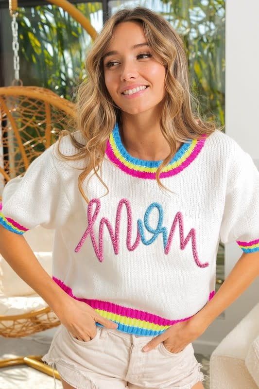 Glittery Metallic Fuzzy MAMA Puff Sleeve Dupe Sweater 