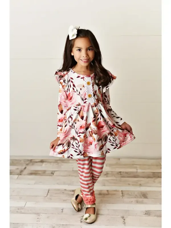 Kids Rose Coral Stripe Spring Pants Set