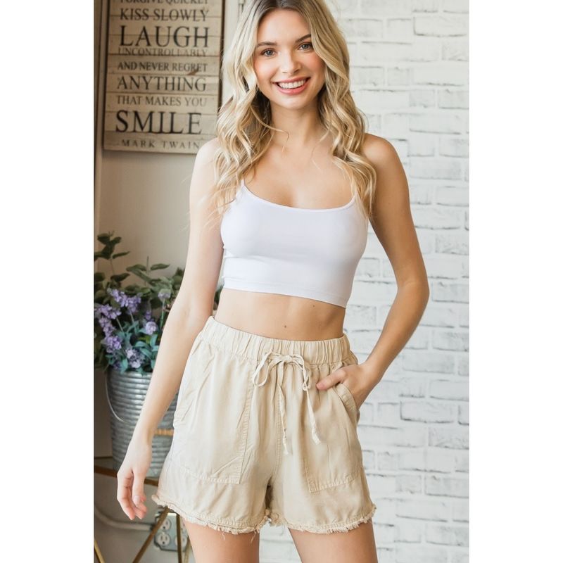 Color Washed Soft Tencel Drawstring Frayed Shorts