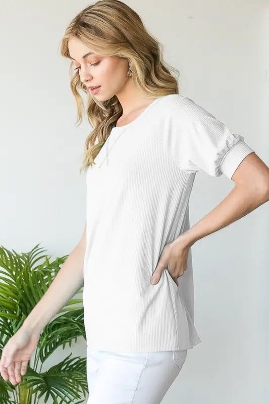 Plus Size Ribbed Puff Sleeve Top with Stitch