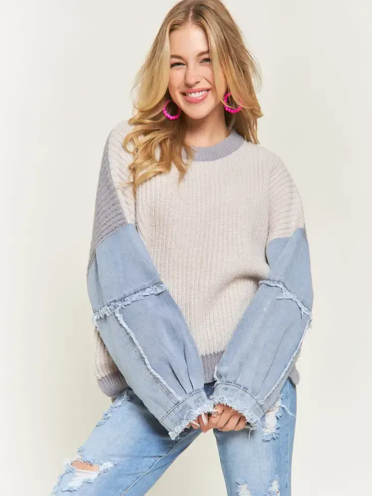 Plus Frayed Denim Sleeve Sweater Top