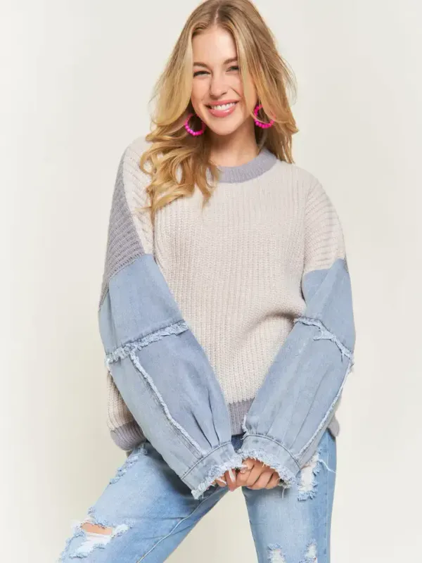 Plus Frayed Denim Sleeve Sweater Top