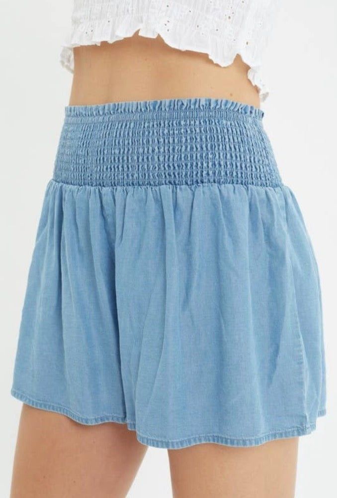 Woven Solid Smocked Waist Chambray Shorts
