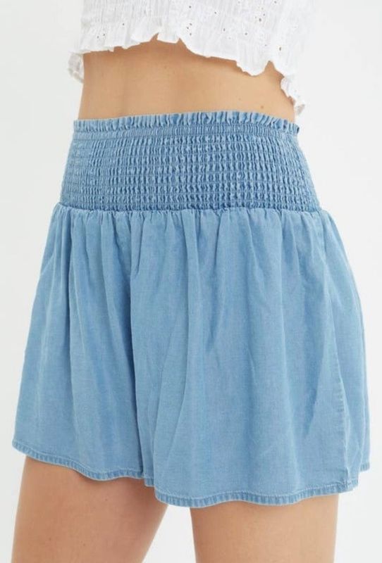 Woven Solid Smocked Waist Chambray Shorts