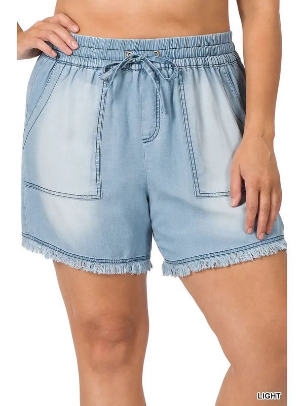 Plus Size Chambray Fray Hem Shorts