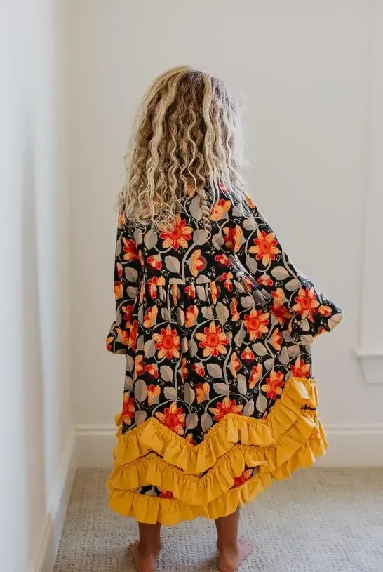 Kids Mustard Floral Long Sleeve Dress 