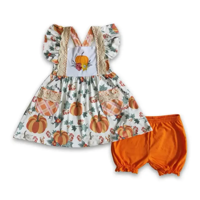 Pumpkin Embroidery Flutter Sleeves Tunic Orange Shorts Girls Fall Set