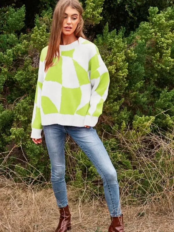 Plus Multi Geo Checker Pull-Over Sweater Top