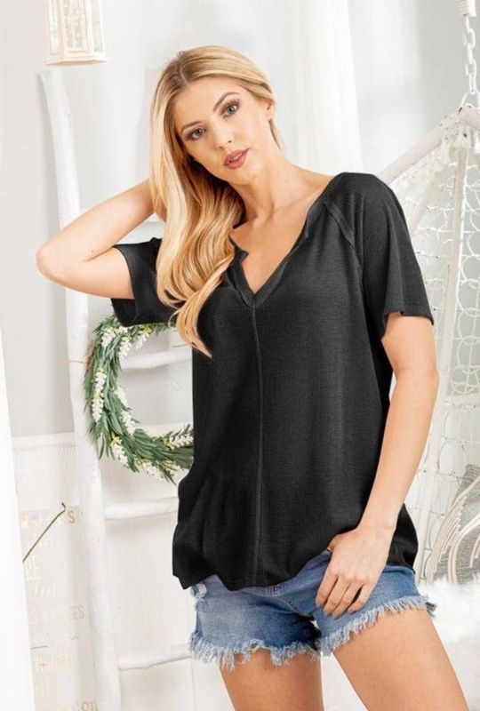Plus Size Waffle Knit V Neck Top 
