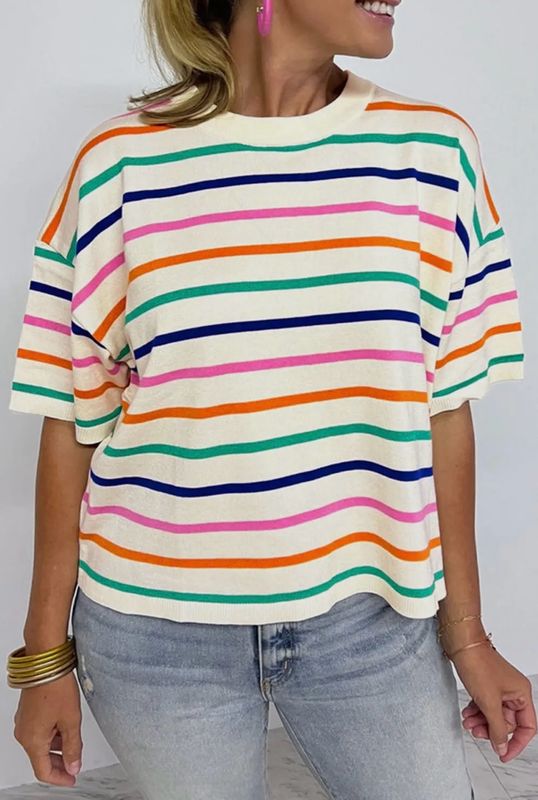 Stripe Short Sleeve Boxy Sweater Top