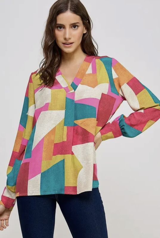Abstract Print V-Neck Cuff Sleeve Blouse