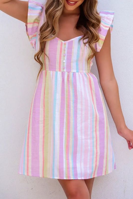 Linen Pink Striped Button Sweetheart Flutter Sleeve Dress