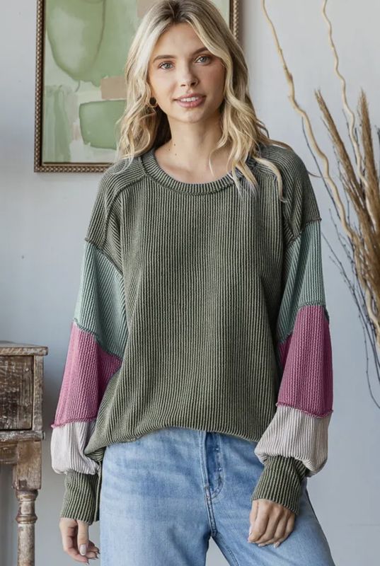 Plus Ribbed Color Block Exposed Stitch Long Sleeve Top